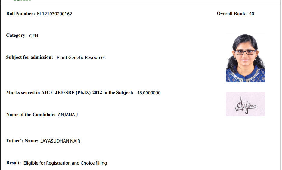 Anjana J, M.Sc. Botany 2019-21 qualified for ICAR-JRF of Indian Council of Agricultural Research, Govt. of India
