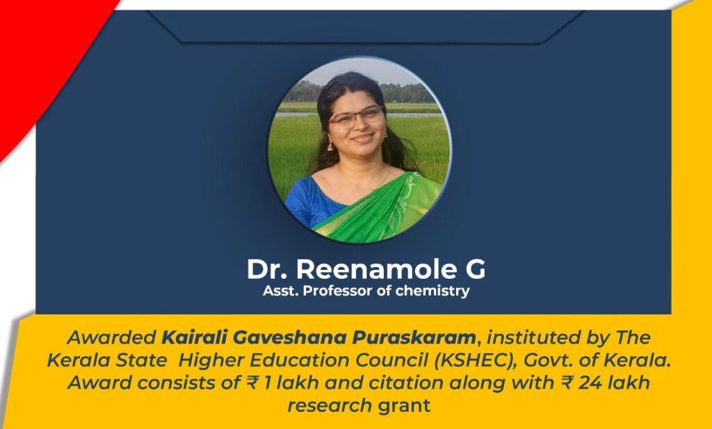 College Community Congratulates Dr. Reenamol G for achieving Kairali Gaveshana Puraskaram