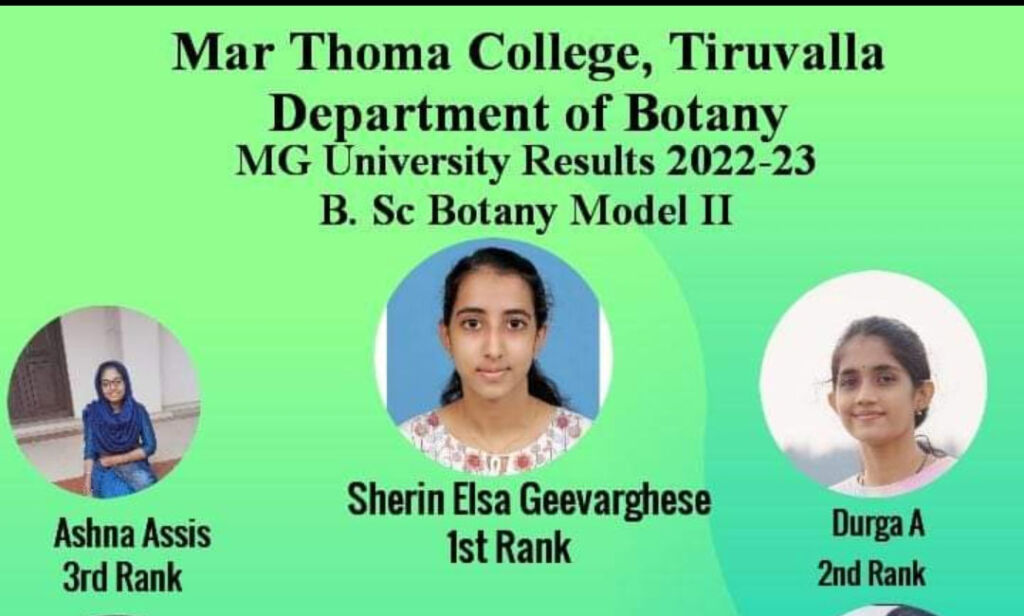 Department of Botany , 7 ranks for B.Sc Botany Model II in MG University, including Rank 1