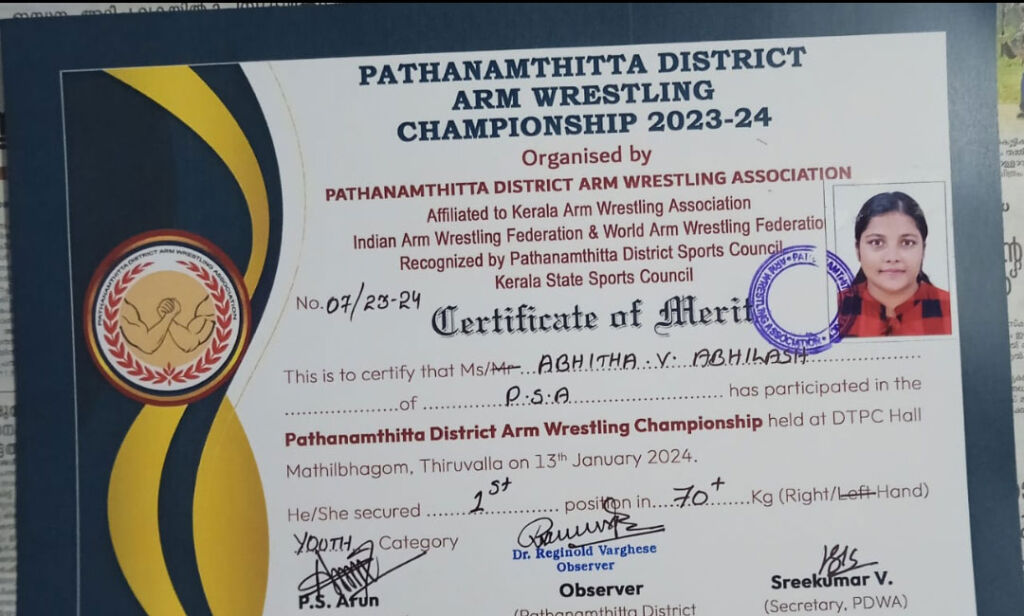 Pathanamthitta District Arm Wrestling Championship 2023-24